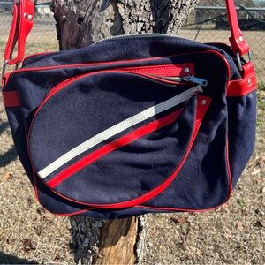 Vintage Navy & Red Tennis Bag with Multiple Pockets